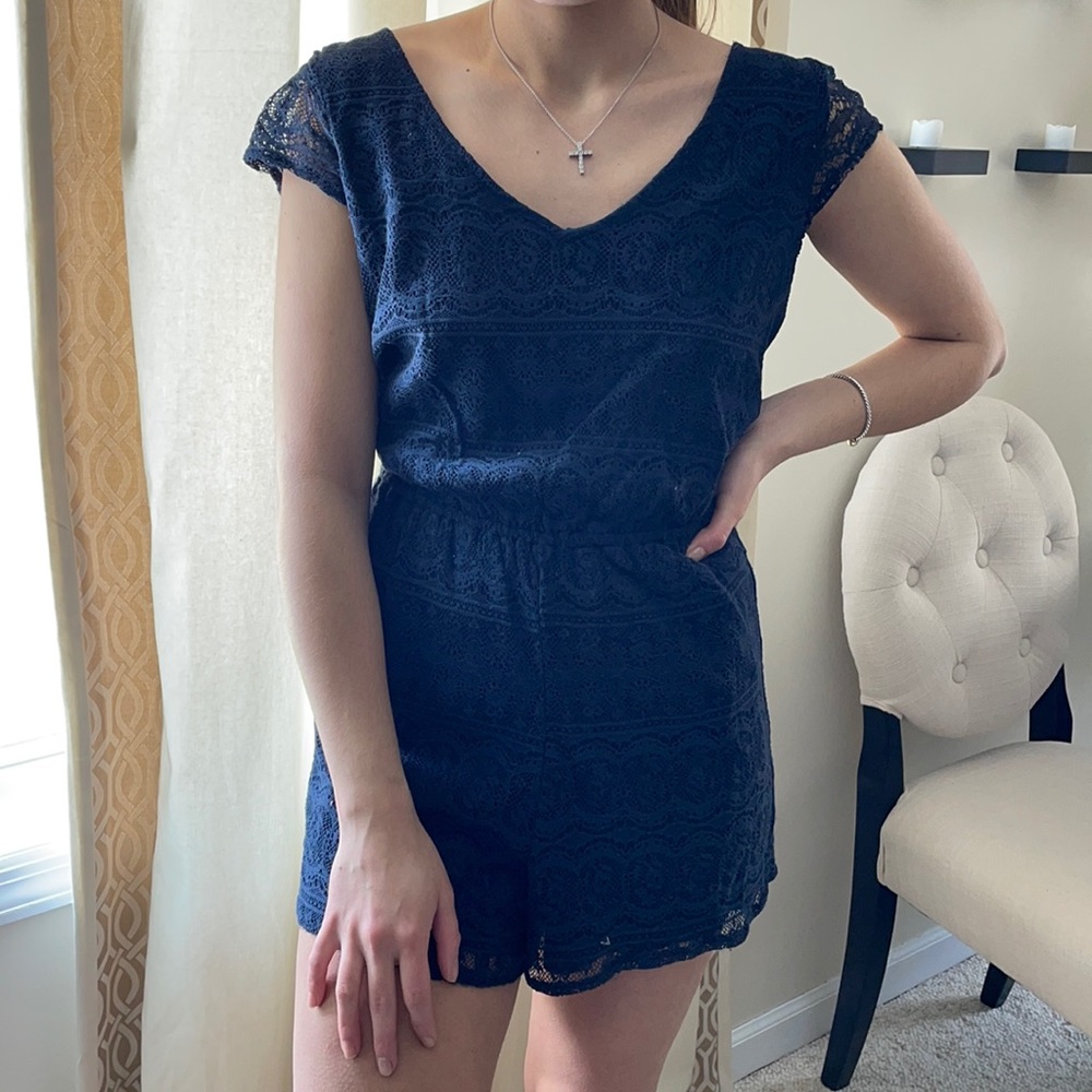 Hollister navy lace open back romper small